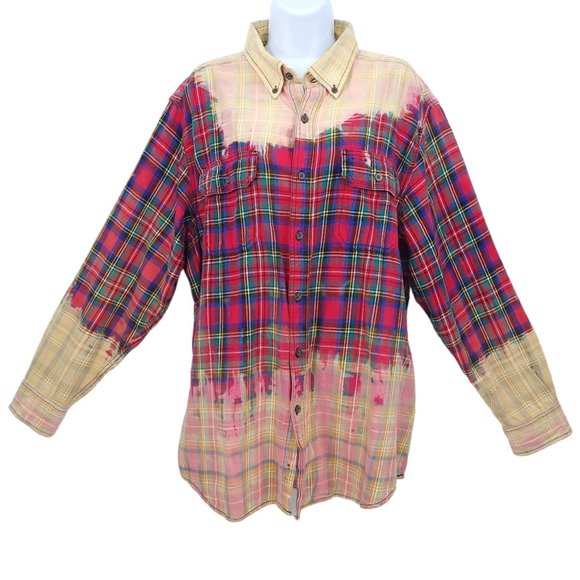 The Rack Brushed Cotton Bleach Tie Dye Button Front Shirt Top Size XL Plaid - Picture 1 of 12